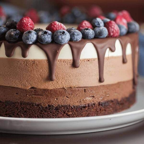 Трипластова торта с шоколадов мус, покрита с капещ шоколадов ганаш и пресни боровинки и малини.