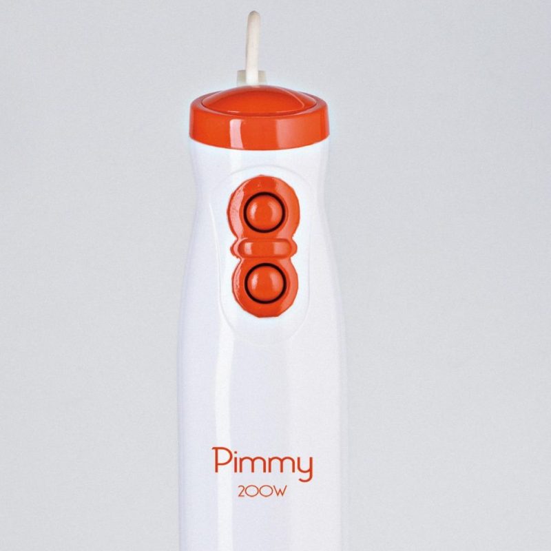 Потопяем блендер с червено-бяла цветова схема с етикет "Пасатор PIMMY 200W".