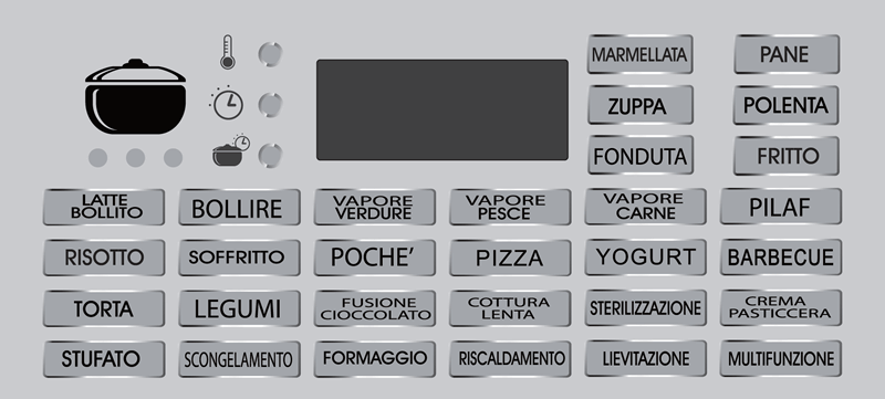 Изображението показва различни икони, свързани с готвенето, италиански думи, представляващи различни хранителни продукти и методи на готвене, включително ключовата дума „Мултикукър TWIST 5л“, подредени в двуцветна сива скала.