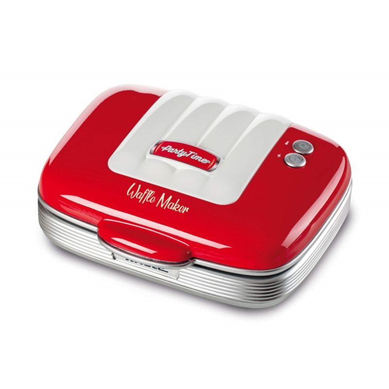 Червен уред за гофрети с лъскаво покритие и етикет "семеен таймер", включващ видимо копче за контрол на температурата.