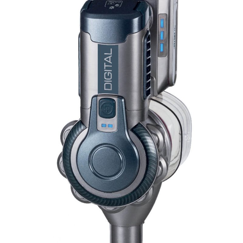 A Вертикална безжична прахосмукачка SCOPA Digital 22V с цифров мотор blue and silver vacuum cleaner on a white background.