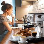 Жена се наслаждава на чаша кафе в кухня с кафе машина, еспресо шот от Кафемашина ESPRESSO METAL SLIM с манометър и сладкиши на плота.