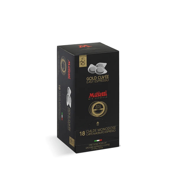 Кутия MUSETTI GOLD CUVEE - Хартиени ESE дози 18 БР. кафе с черен етикет върху него.