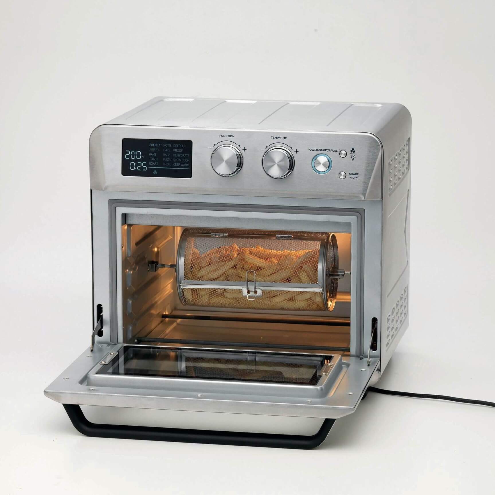 A Фурна с горещ въздух и грил AIR FRYER OVEN 25l-enabled toaster oven with a door open.