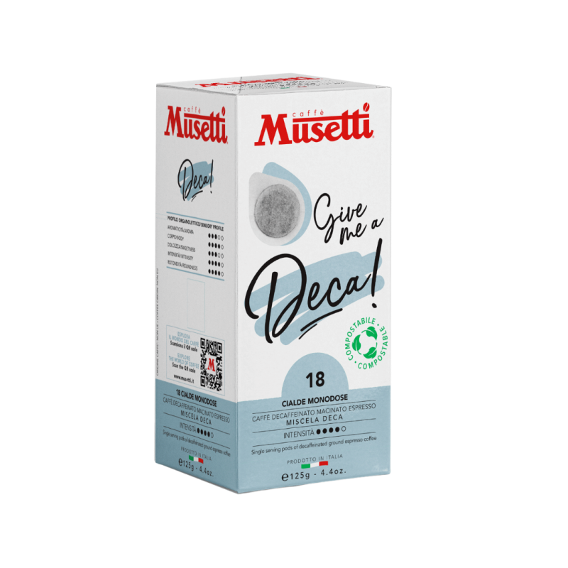 A box of Кафе дози Musetti Deca Безкофеиново – ESE подове 18 бр. кафе в бяла кутия.