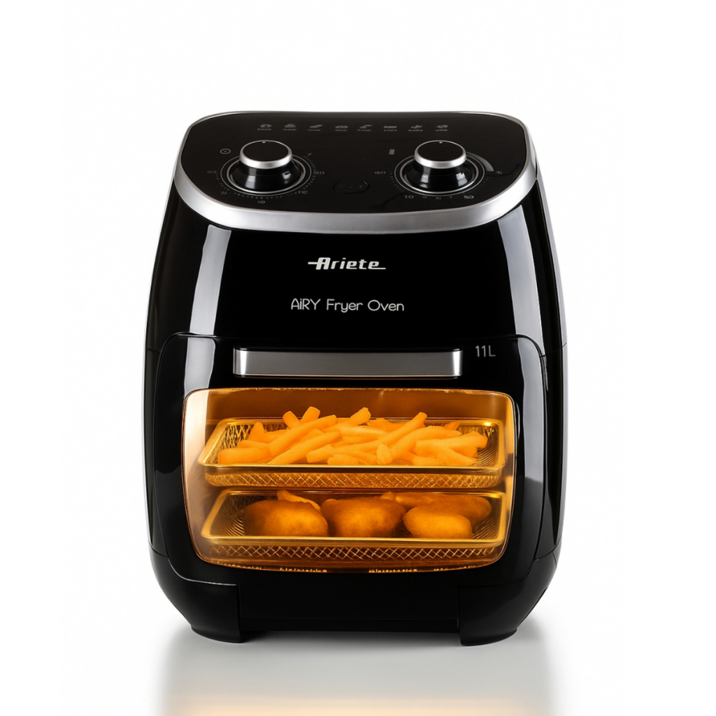 Фурна с горещ въздух AIR FRYER OVEN 11 л с две тави – за пържени картофи и кръгли храни, които се приготвят.
