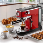 Кафемашината ESPRESSO SLIM MODERNA приготвя кафе сред чаши, кроасани, бисквити и кафе на зърна в кухнята.