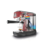 Кафемашина ESPRESSO SLIM MODERNA в червено, с прозрачна страна, която приготвя еспресо в малка стъклена чаша.