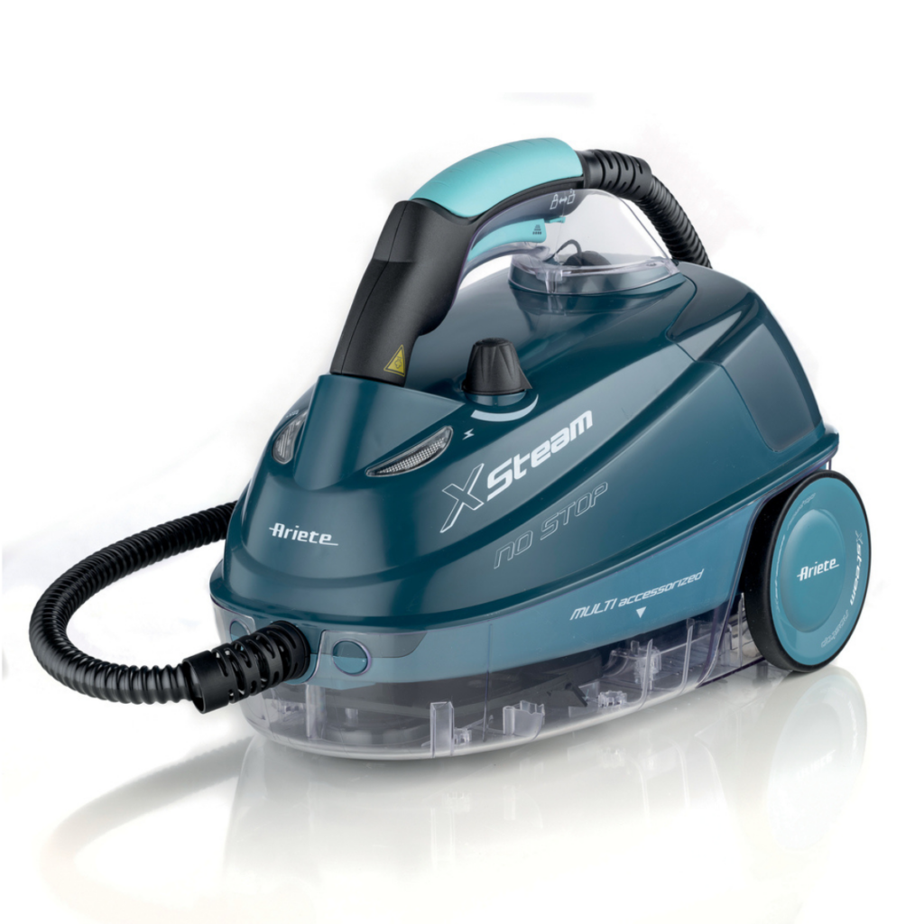 Парочистачка XSTEAM с маркуч и прозрачен резервоар за вода в тилово и черно, с надпис "Ariete".