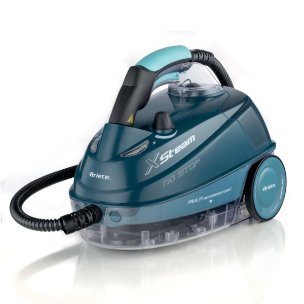 Парочистачка XSTEAM с маркуч и прозрачен резервоар за вода в тилово и черно, с надпис "Ariete".
