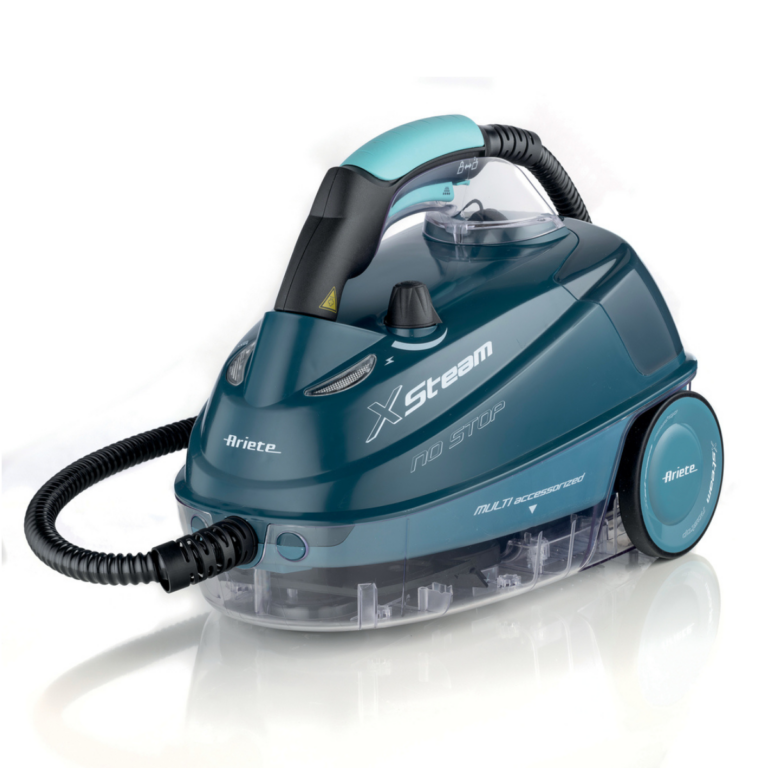 Парочистачка XSTEAM с маркуч и прозрачен резервоар за вода в тилово и черно, с надпис "Ariete".