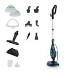 Парочистачка STEAM MOP 10 в 1 с приставки: четки, подложки, дюзи и мерителна чашка на бял фон.