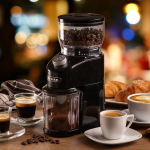Електрическа кафемелачка COFFEE GRINDER с кафе на зърна, смляно кафе и чаши върху дървена маса.