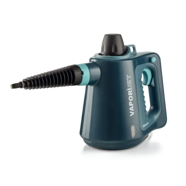 Ръчна парочистачка с надпис „Парен пистолет VAPORÌ JET“ със син корпус, черна дръжка и синьо-зелени акценти, напомнящи за елегантния дизайн, който се вижда в продуктите на Ariete.