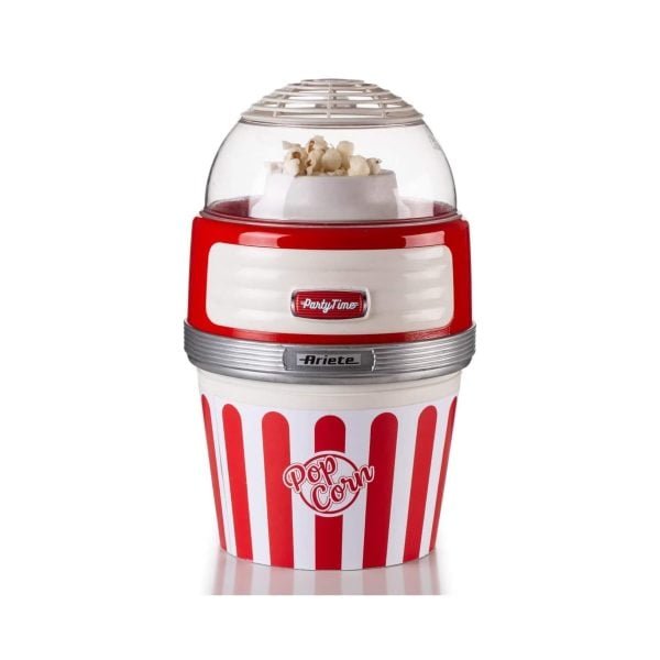Червено-бяла Машина за пуканки XL PARTY TIME с прозрачен капак, надписана „Party Time“ и „Pop Corn“, показва видими зърна пуканки вътре.