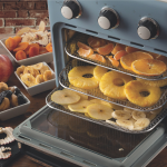 Фурната с горещ въздух и грил Vintage AIR FRYER 16 л. суши плодове на три нива, заобиколена от купи с изсушени плодове.