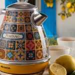 Електрическа кана VINTAGE Positano 1,7 л с цветни плочки, изобразяващи чай и лимони, на фона на синя врата.