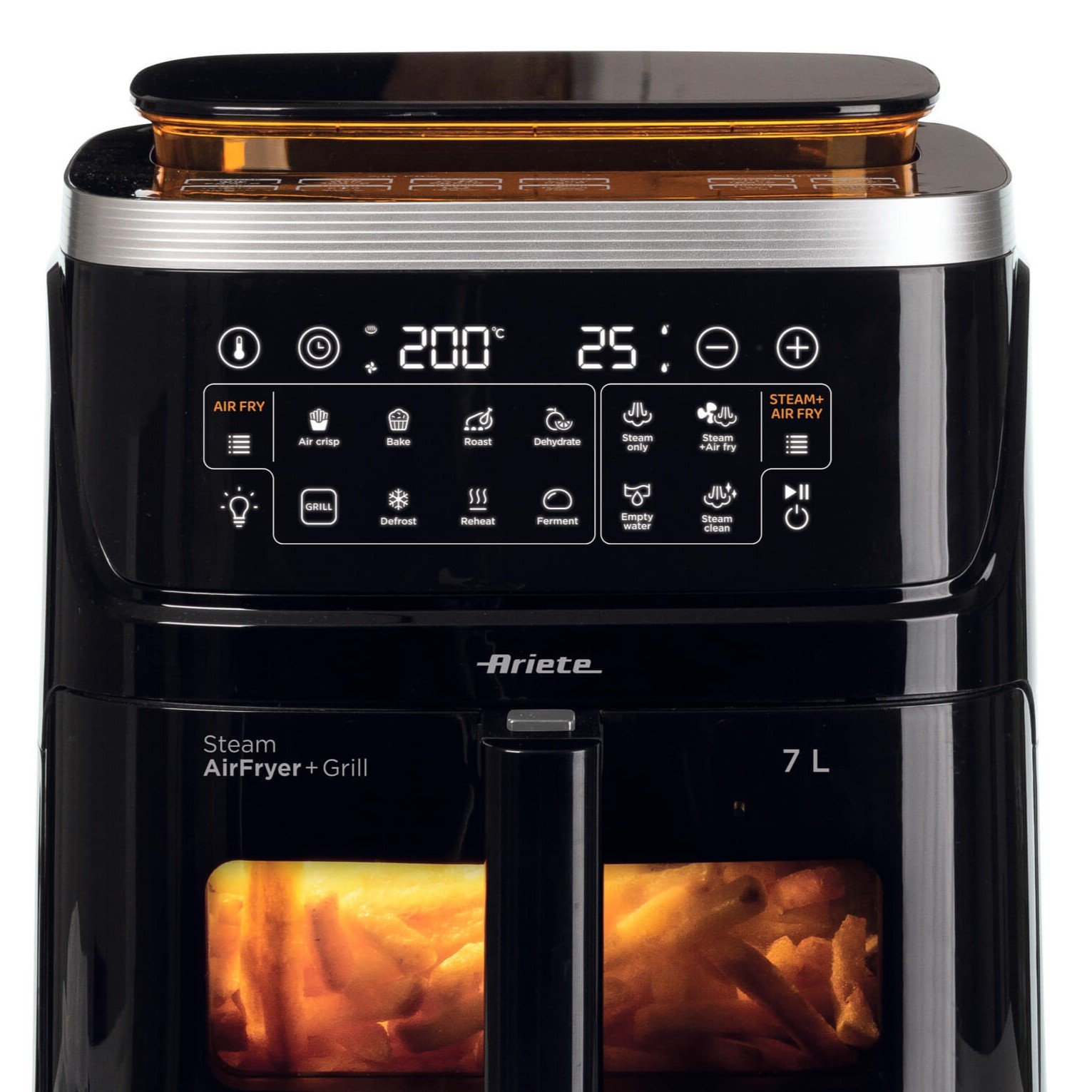Изглед отпред на 7L черен Фритюрник с горещ въздух 4в1 AIR FRYER STEAM + GRILL с цифрови контроли и пържени картофи в изглед.