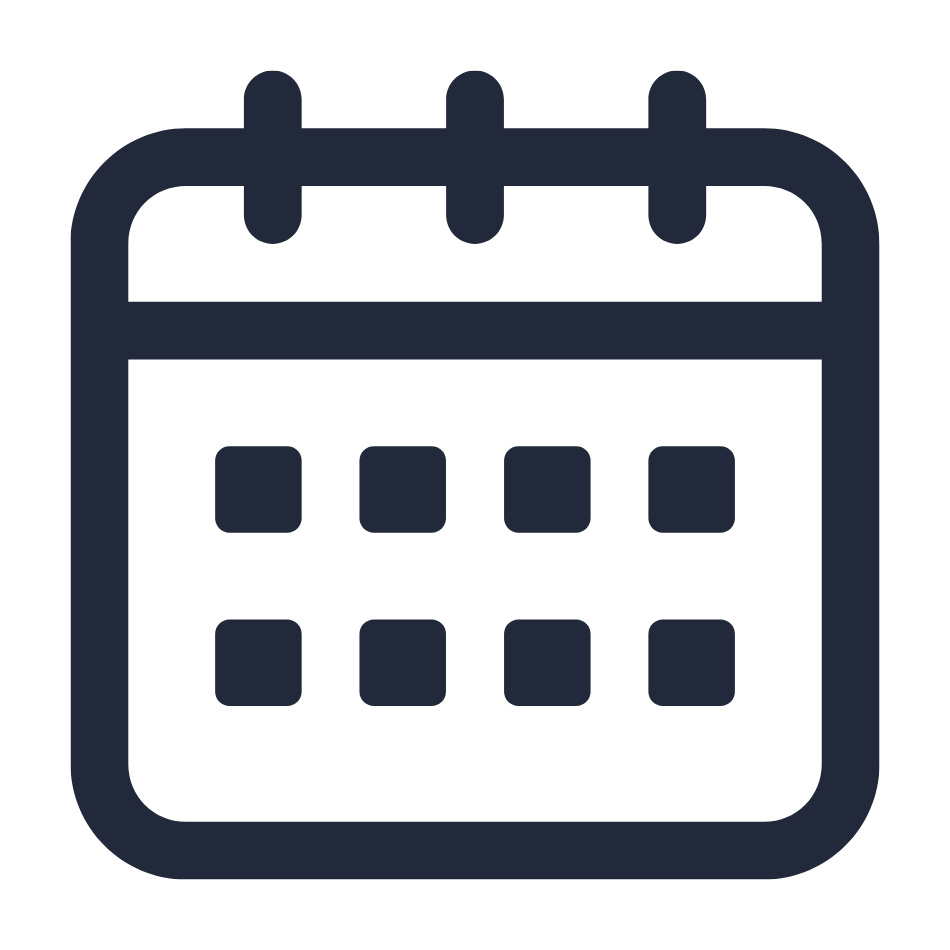 Обикновена черна икона на календар с три пръстена в горната част и мрежа от дни на бял фон.