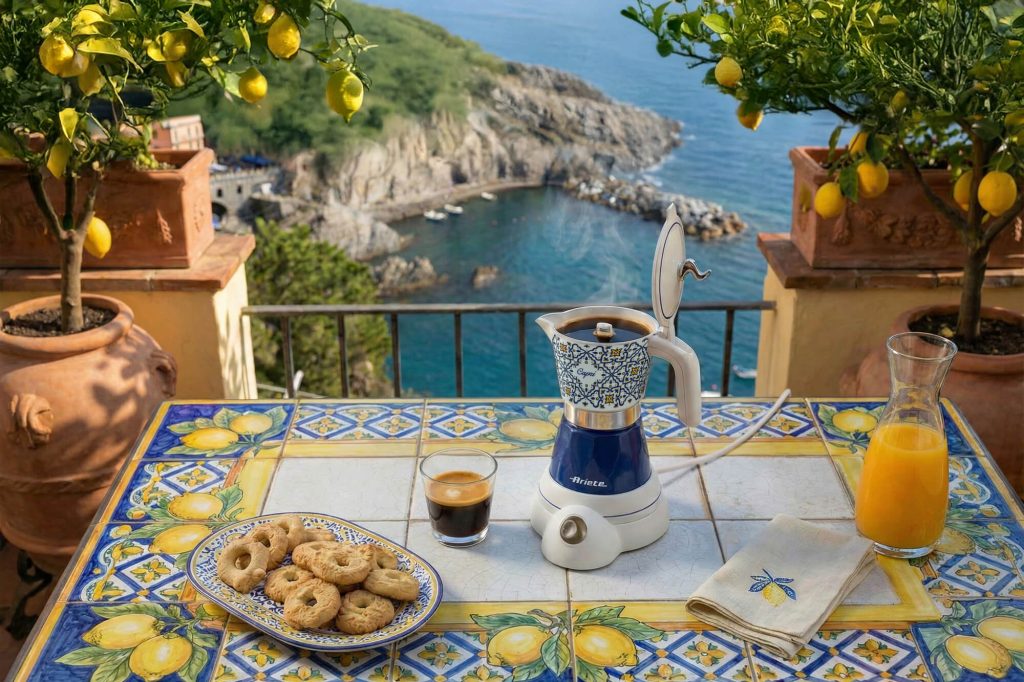 Слънчева маса с кафе, приготвено с кафемашина „Moka Vintage Capri“, бисквити, портокалов сок и изглед към морските скали.