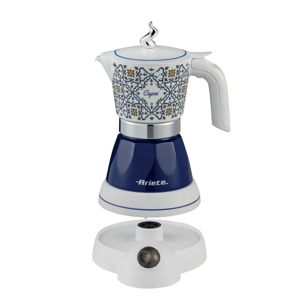 Електрическа кафеварка Moka Vintage Capri с керамична шарена горна част, синя основа и бяла стойка.