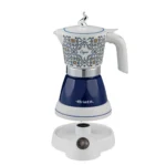 Електрическа кафеварка Moka Vintage Capri с керамична шарена горна част, синя основа и бяла стойка.