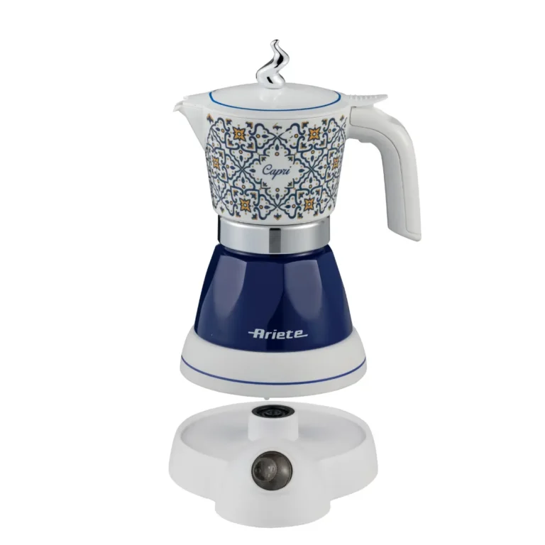 Електрическа кафеварка Moka Vintage Capri с керамична шарена горна част, синя основа и бяла стойка.