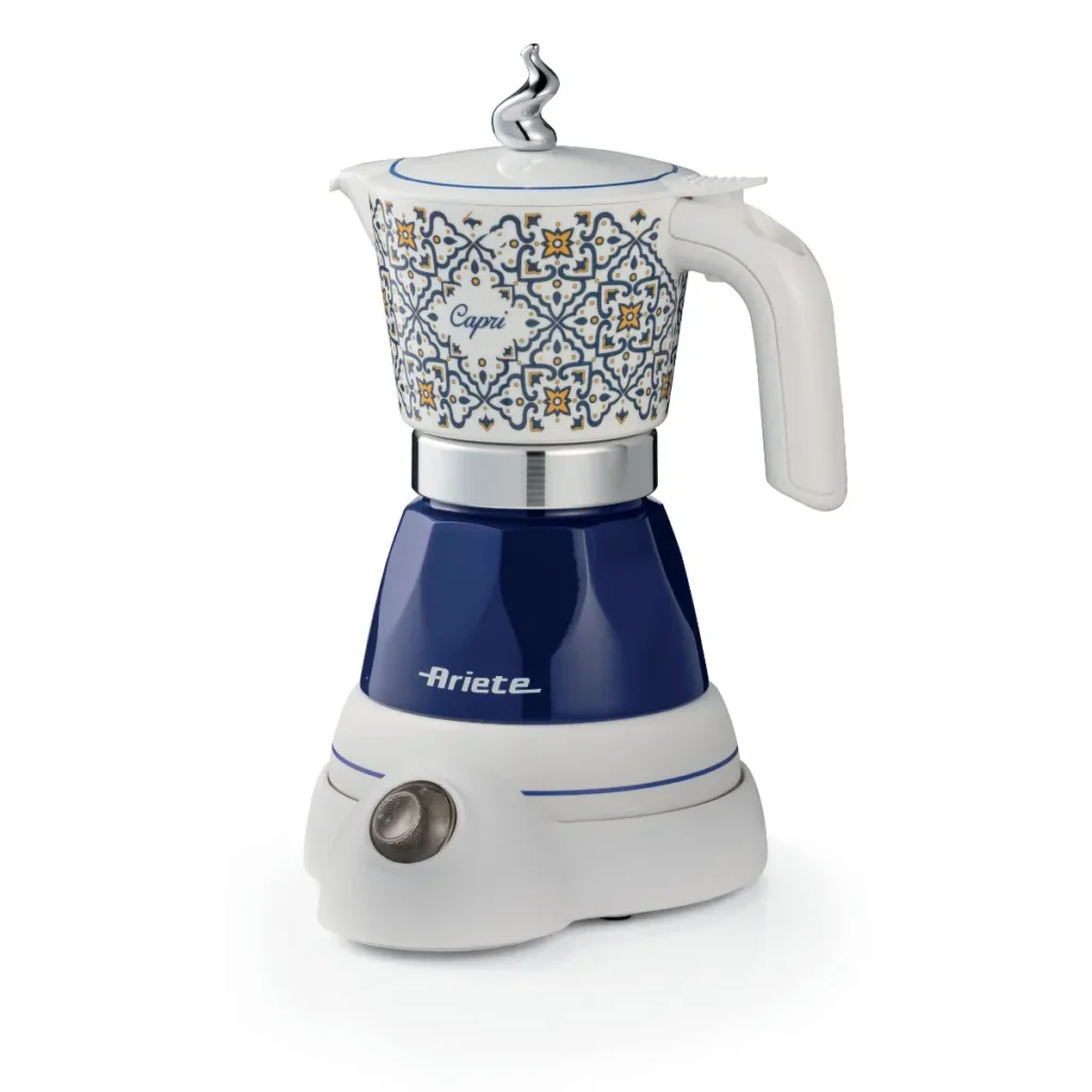 Електрическа кафеварка Moka Vintage Capri със синьо-бяла основа и керамичен съд с шарка.