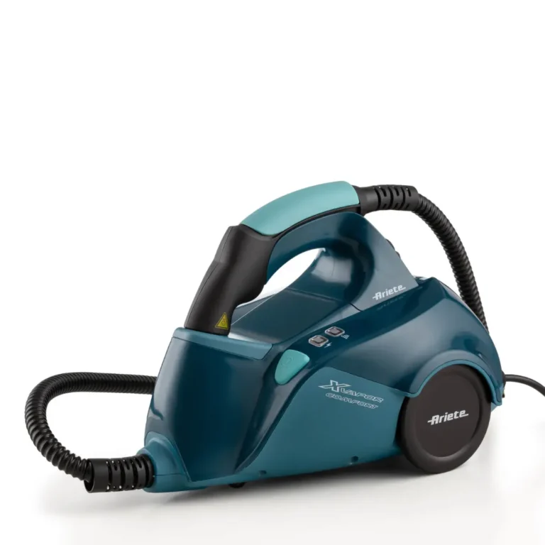 Тил и черно Парочистачка X-Vapor Comfort, 5 бара, парочистачка с маркуч и обозначени бутони на бял фон.