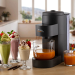 В Уред за ядково мляко My Veggie Drink на кухненския плот се сервира портокалова напитка до три млечни шейка.