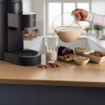 Една ръка налива растително мляко от Уред за ядково мляко My Veggie Drink; наблизо има ядки, шоколад и зърнени храни.