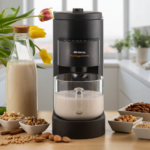 Уред за ядково мляко My Veggie Drink налива мляко в чаша, сред ядки и семена в кухнята.