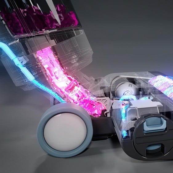 Изрезът на Вертикална прахосмукачка Aqua Force Wash & Vacuum показва цветния въздушен поток и прахоулавянето.