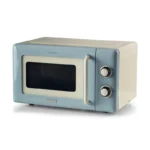 Светлосиня Микровълнова фурна Vintale 20L с ретро циферблати и кремава дръжка, на бял фон.