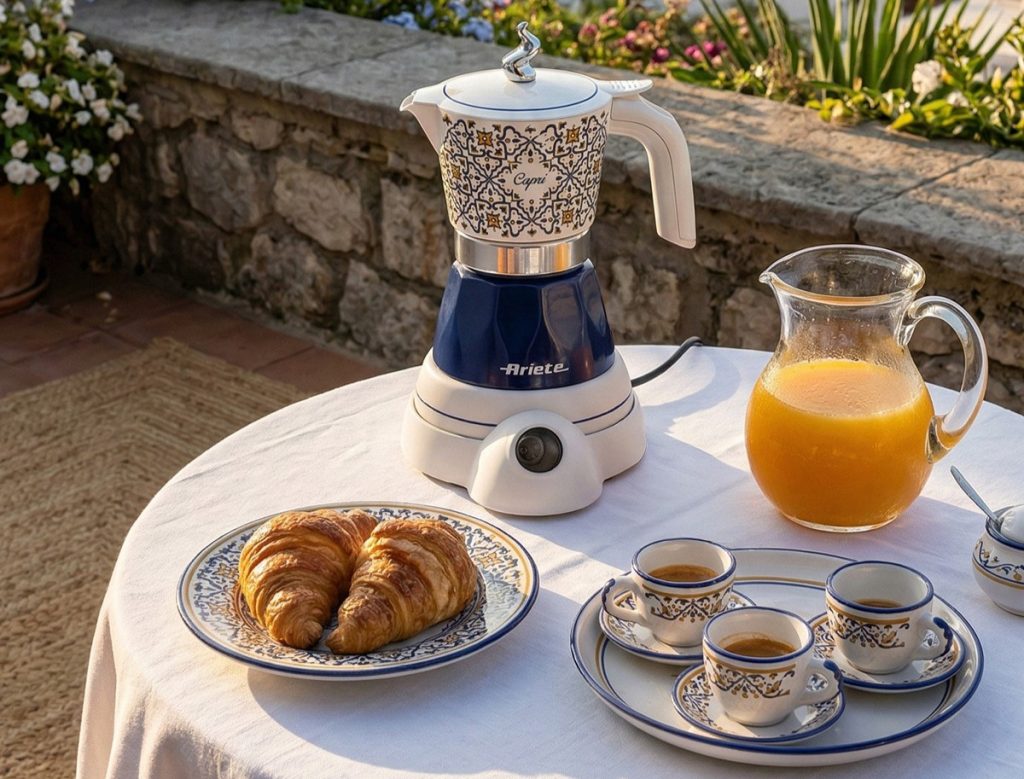 Електрическа кафеварка „Moka Vintage Capri“ на маса с кроасани, чаши и сок сред цветя на открито.