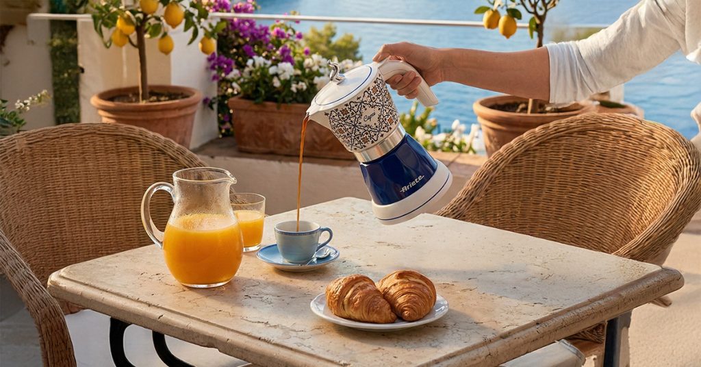 Някой налива кафе от електрическа кафемашина „Moka Vintage Capri“ в чаша на брега на морето на открито.