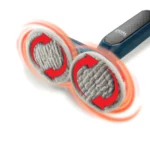 Близък план на Парочистачка Dual Steam Scrub с въртящ се моп с две въртящи се подложки и червени стрелки.