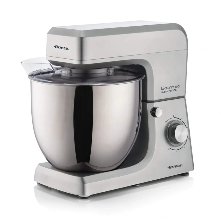 Планетарен миксер Gourmet Supreme 10L в сребристо и сиво е с голяма стоманена купа, копче за управление и прозрачен капак.