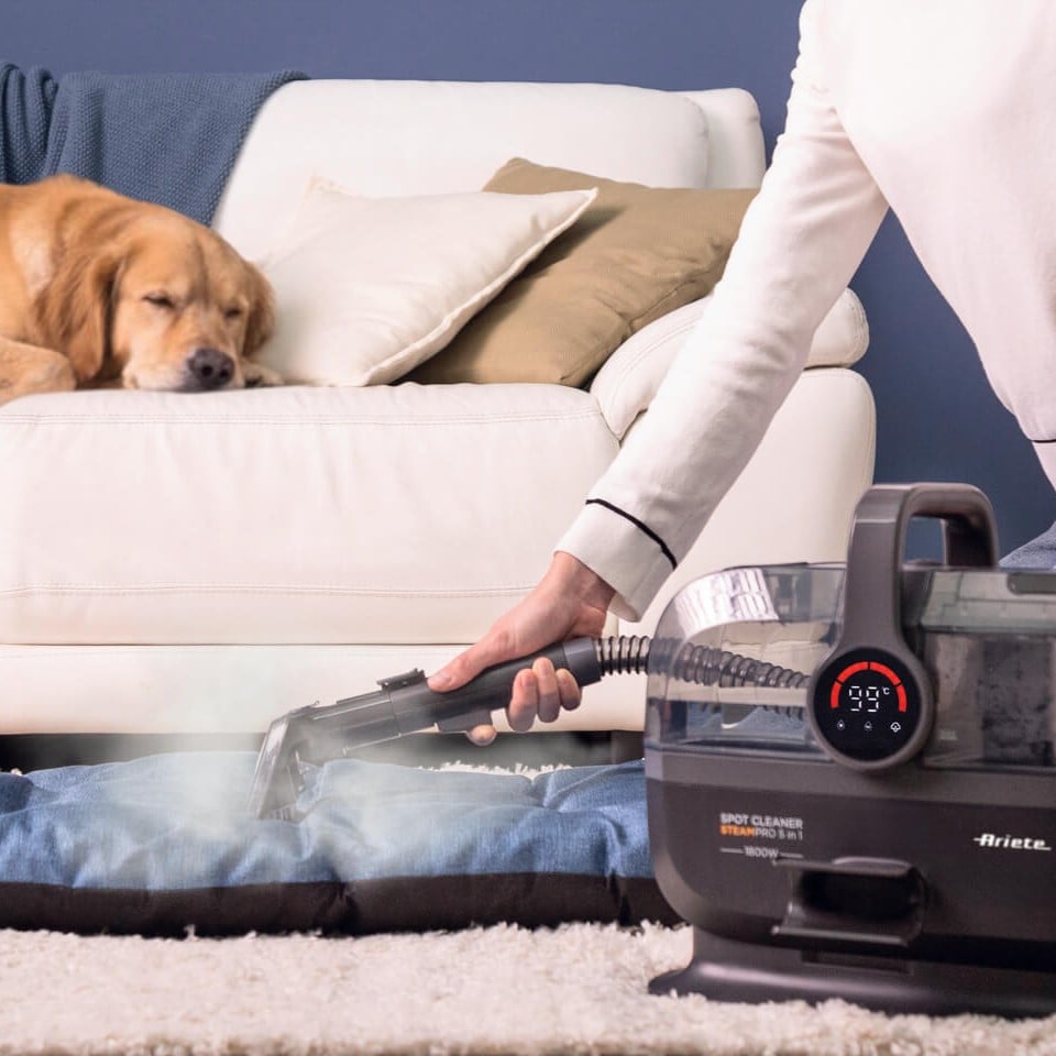 Някой използва Spot Cleaner Steam Pro 5in1 върху лежанката на домашния любимец, докато кучето му си почива на белия диван в хола.