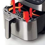 Фритюрник с горещ въздух Airy Fryer Metal 7 л с илюстриран поток от горещ въздух в отворена кошница.
