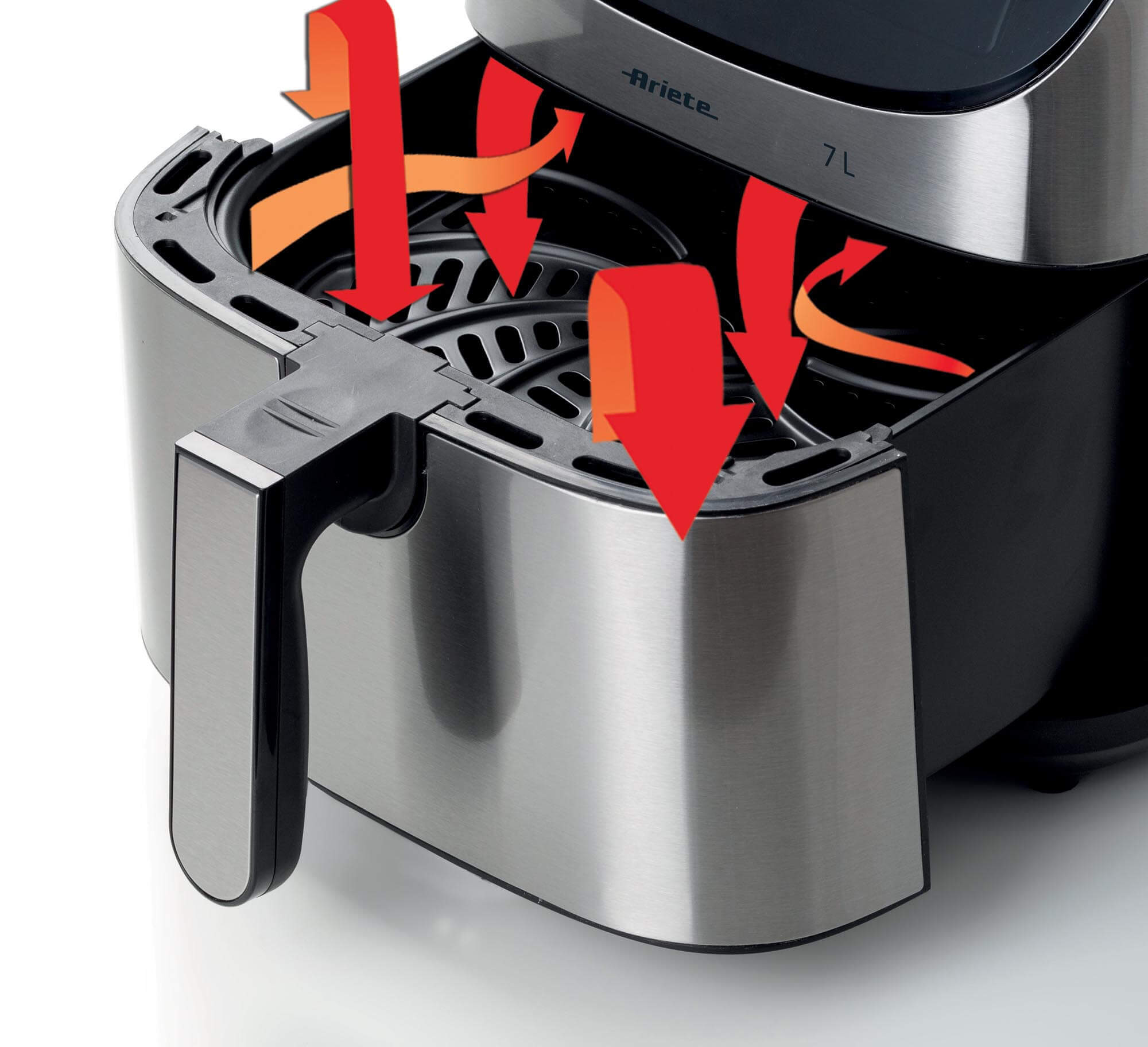 Крупно изображение на кошницата на фритюрника с горещ въздух „Airy Fryer Metal 7 Л“, с стрелки, показващи циркулацията на горещия въздух вътре.