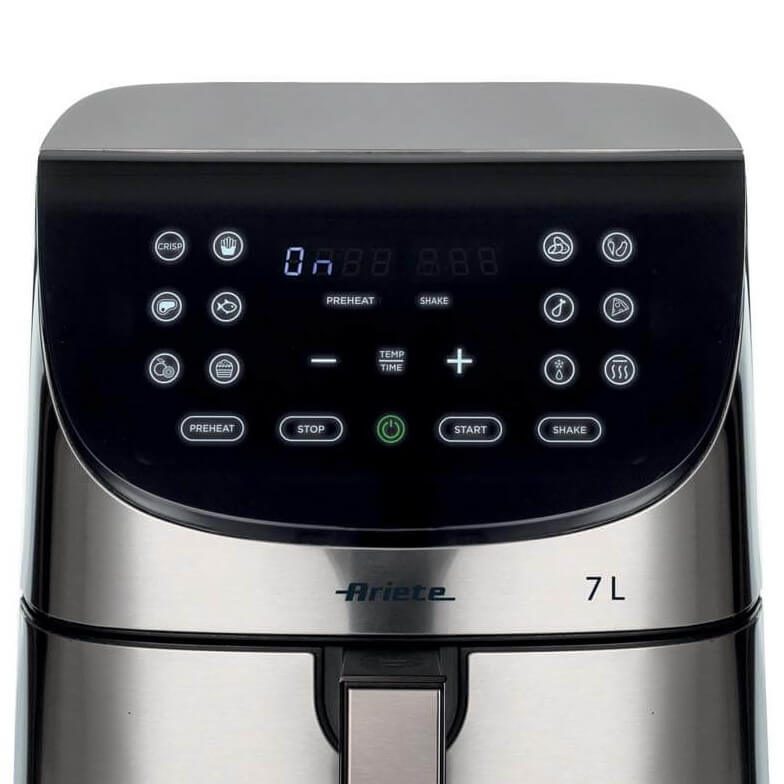 Крупно изображение на контролния панел на Airy Fryer Metal 7 Л с цифров дисплей и сензорни бутони за различни функции.