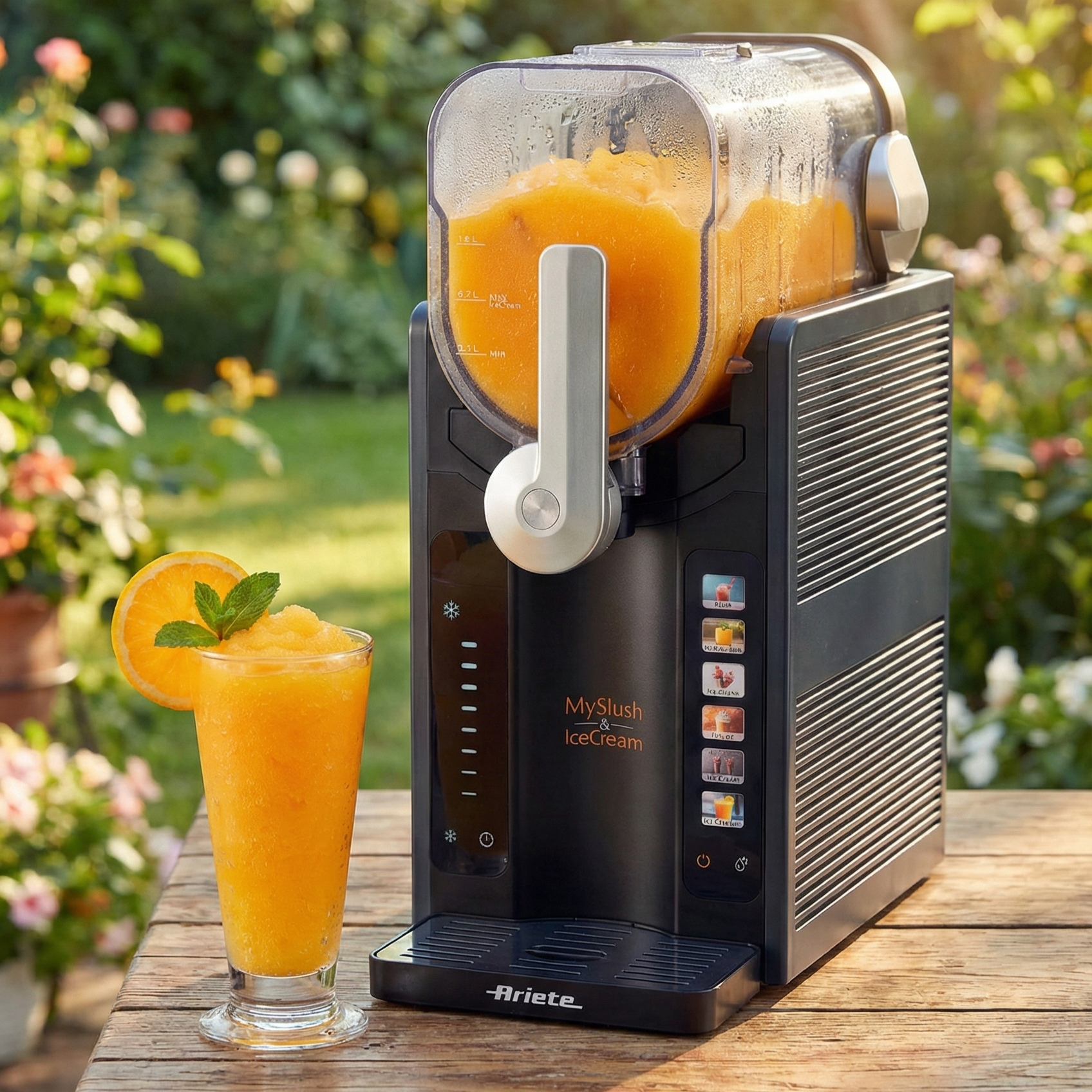 Машина за сладолед 6 в 1 Ariete MySlush & IceCream на маса на открито, до фритюрник с горещ въздух и портокалов сладур.