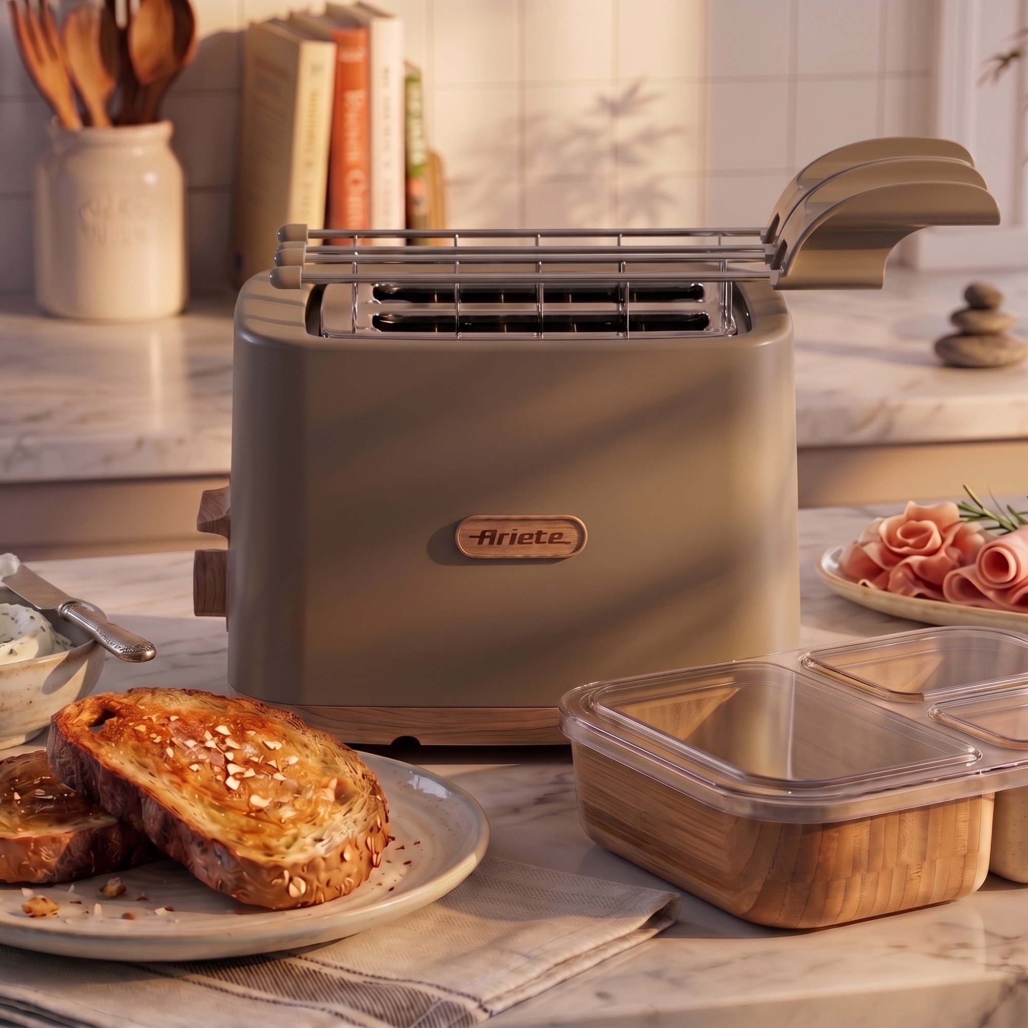 Тостер „Breakfast Wood“ за 2 филии в бежов цвят стои върху мраморен кухненски плот, а на заден план се виждат препечен хляб в чиния, пластмасов контейнер за храна, навита колбаса и готварски книги, докато слънчева светлина прониква отстрани.