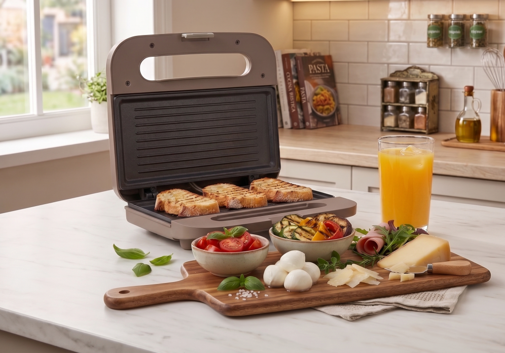 Тостер за сандвичи „Breakfast Wood“ с препечени сандвичи стои на кухненския плот до дървена дъска с сирене, домати, босилек, моцарела и чаша портокалов сок. Сцената е разположена на фона на светла и уютна кухня.