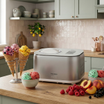 Машината за сладолед с компресор Gran Gelato 4in1 е поставена върху кухненския плот, заобиколена от купички и фунийки с цветен сладолед и пресни плодове като малини, праскови и боровинки. На заден план се виждат светлозелени шкафове и кухненски съдове.