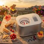 Машината за сладолед с компресор Gran Gelato 4in1 е поставена върху дървена маса на открито, заобиколена от купички с пъстроцветен сладолед, вафли, ягоди, бисквити и пресни плодове, а на заден план се разкрива живописна гледка към село и цветя.