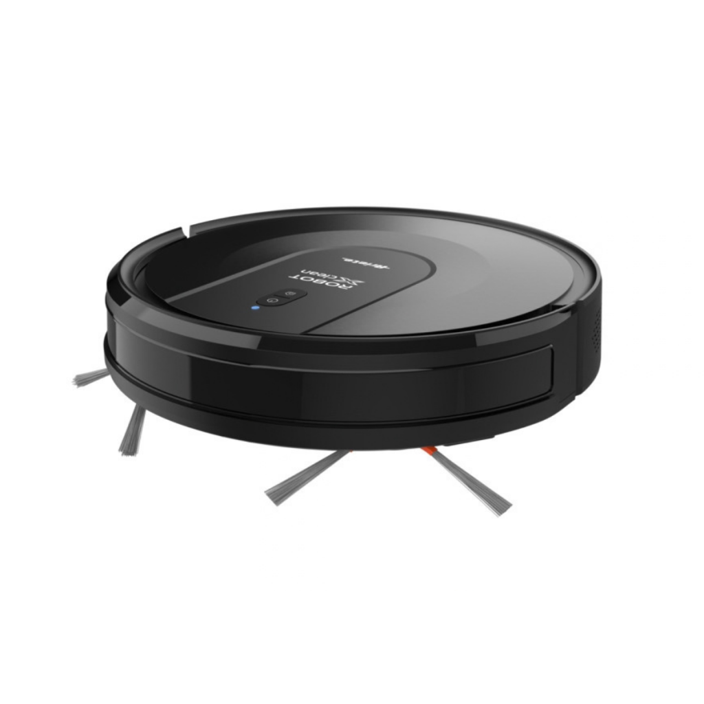 Поставен на изчистен бял фон, роботът-прахосмукачка X-Clean 3в1 с Wi-Fi — елегантен черен робот-прахосмукачка със странични четки — демонстрира иновативна технология за безпроблемно удобство в дома, подобно на автоматична машина за сладолед.