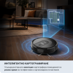 Роботът прахосмукачка „X-Clean 3in1 с Wi-Fi“ картографира пода в хола в реално време, като над него се намира дигитален навигационен дисплей. Българският текст подчертава интелигентното му картографиране за ефективно и организирано почистване – сравнимо с прецизността на автоматична машина за сладолед, която постига перфектни резултати всеки път.