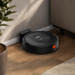 Черен робот-прахосмукачка X-Clean 3в1 с Wi-Fi се закрепва към зарядната си станция върху дървен под, близо до бежов диван и саксийно растение, а до него стои елегантна машина за домашен сладолед, готова да приготви вкусен домашен сладолед за цялото семейство.